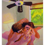 Painting of two people men embracing each other on a bed with white linens. The window is open behind them, you can see greenery outside. Above the bed is a ceiling fan. The walls in the room are painted a off white.