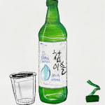 drawing of green soju bottle, cup, and bottle cap