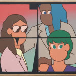 Painting of three figures looking in different directions, one has long brown hair, sunglasses and a pink shirt, another figure has light blue hair, and a tan overcoat, the last figure has dark green hair and a purple tank top.