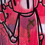 black outlined robot against a pink background with white polka dots