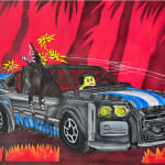 painted collage of a race car with a dog hanging out the passenger window on a red background