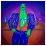Painting of a green man in a 70s styled outfit of dress pants, open red button up shirt and jacket, leaning up against a bar with a spot light on him. There is a bottle of beer to his left and a lava lamp to his right and a pink dog in the background.
