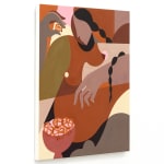 Abstract painting of a woman eating chicharrones from a bowl with a long black braid down her side and around her arm.