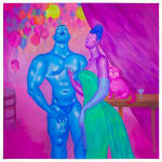 Painting of a blue muscular man, a purple woman in a green strapless gown and long gloves and a pink dog sitting on a table next to a martini glass at a bar filled with balloons.