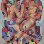 Erik Jones painting of two men with various colors and shapes surrounding them