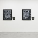 Installation view of Jeremy Fish's solo exhibition "The Moral Compass" at Harman Projects, SF. From left to right: The Dog in The Manger, The Goose and The Golden Egg, and Two Travelers and a Bear