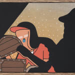 Painting of a figure opening a treasure chest with a yellow light beaming out of it onto the back wall and the figures face