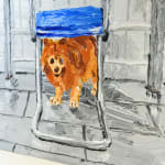 Painting of dog standing underneath a metal kitchen table with a blue chair by Emilio Villalba.