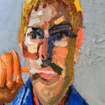 Close up shot of self portrait of artist Emilio Villalba brushing his teeth.