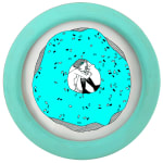 Circular painting of a girl crouched in the middle of a blue donut in blue frame
