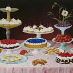 Casey Gray - Spray Painting of a table with pink table cloth of cakes and cookies on layered plates in front of black background.
