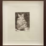 A drawing of a cat wearing a puffy winter coat.