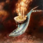 Painting of a fish jumping out of the water with a candle in a shell on this back.