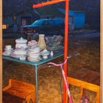 Painting of an iPhone photo with a flash of a folding table with a stack of white dishware including coffee cups, plates and bowls as well as a few vases and large bowl. There is a pink scoots leaning on a chair. In the background is a black SUV and a house with light coming from the window