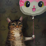 A painting of a brown cat holding a balloon of a pink cat.