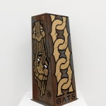 Metal shelf with GATS character painted on the sides and a metal chain painted on the back