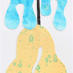 CHIAOZZA - paper collage of lumpy blue leaf coming out from a yellow vase with green water mark