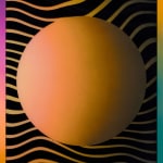 Rachel Strum - paint and resin piece, gradient circle in orange and black, abstract black shapes as background, and a gradient frame of purple, orange, and green.