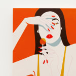 Painting of woman eating a lollipop on a red background and covering her face with her hand by Jillian Evelyn