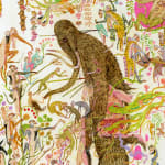 Detail shot of Mu Pan painting of animals and human hybrid creatures eating, fighting, sleeping, etc