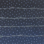 Painting of four rows of barbed wire on a night sky background with bright blue and white rain drops falling from the sky.