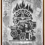 outlines of various symbols including a star, flames, and technology in grey scale with a textured collage background