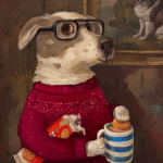 A dog wearing glasses and a red sweater holding cookies and a striped mug.