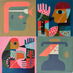Painting by Keya Tama and David Shillinglaw of four squares with different colorful figures in each