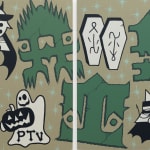 Diptych painting by GATS with the word GATS in green, two coffins, a devil, a ghost and a carved pumpkin