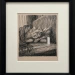 drawing of a figure in bed with the shadow of a small man coming from a door of light by Miles Johnston