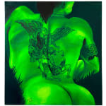 Painting of a persons naked back with a large tattoo of an angel holding someone down with their foot and a rose tattoo on the back of their arm. The person is painted in bright green and black