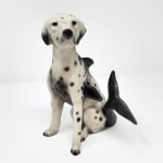 Debra Broz - ceramic and mixed media sculpture, dalmatian with dolphin tail in sitting position