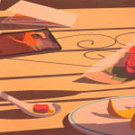 still life painting of a phone, wrapped rose, and dishware on a table by Adrian Kay Wong