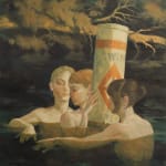 Painting of three women naked in a body of water floating near a buoy