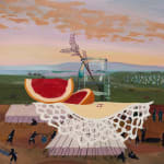 Surreal painting of a giant grapefruit that has been cut in halves on a white dolly. There is a giant clear jar with lavender behind the fruit. This is resting on top of white platform that miniature people are surrounding. The people appear to be working in some sort of field.