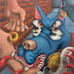 Fred Smith - painting of a profile view of a blue dog with three pair of eyes biting onto a leg that has a piercing on the knee, the hand above the knee hold a wrinkled cigarette.