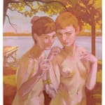 Painting of two naked women standing in front of a body of water with a small dock and several low hanging trees.