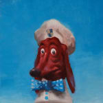 Kim Cogan painting of fast food dog mascot with blue sky in background