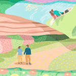 Danym Kwon - details of the painting "You Smiled, and Sparkling Light Shined On the Water". On the clothes painted a couple wandering in nature and another couple sitting by the lake.