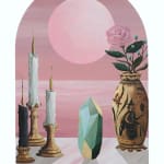 Rebecca Chaperon's painting of a pink moon with candles a crystal and an vase with a rose