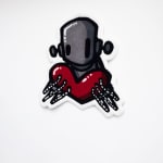 white wall with rug of a silver robot holding a heart hanging