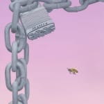 Painting of a bumble bee flying next to a chain with a Master lock on a lavender sky background by John Slaby.