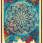 white mandala on a colorful patterned background