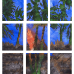 collage of nine pieces depicting a night scene of palmtrees