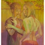 Painting of two women standing close to each other, one with their back facing towards the viewer looking over their shoulder in a red bathing suit. The other is facing and looking at the other woman in an oversized t-shirt with her hair in a bun. In the background is a wood fence with plants growing on top.