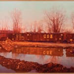 Painting of a freight train. Puddles of water reflect the train in the water and trees in the background are bare from winter.