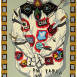 Painting of a white and black western shirt with several company logos imprinted on the back. On each logo is a knife piercing the shirt and creating blood stains around the logos. The shirts arms are tied behind the back. The border of the painting has many small televisions with blurred screens.
