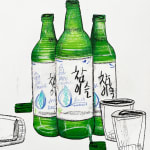 drawing of three green soju bottle and three cups