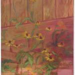 Painting of yellow flower weeds growing out of the cracks in pavement, in the background is a wooden fence.