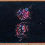 Painting of a red, blue and white firework going off with the reflection of the fire work on the water below